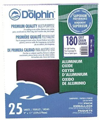 Blue Dolphin Aluminum Oxide Sandpaper 9 Inch  X 11 Inch  180 Grit 25 Pack