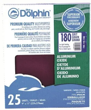 Blue Dolphin Aluminum Oxide Sandpaper 9 Inch  X 11 Inch  180 Grit 25 Pack