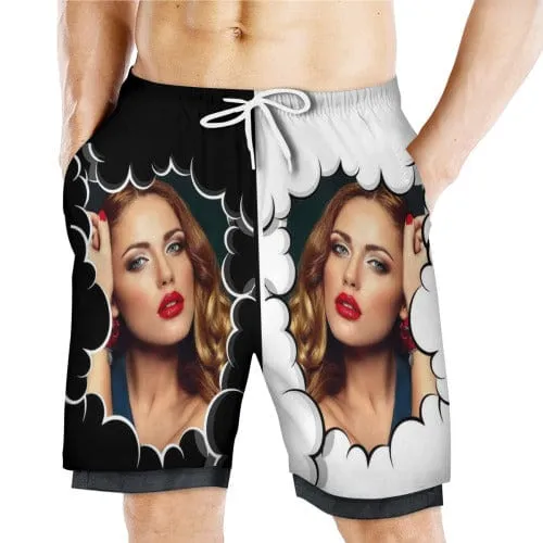 Custom Face Clouds Men's Quick Dry 2 in 1 Surfing & Beach Shorts Male Gym Fitness Shorts