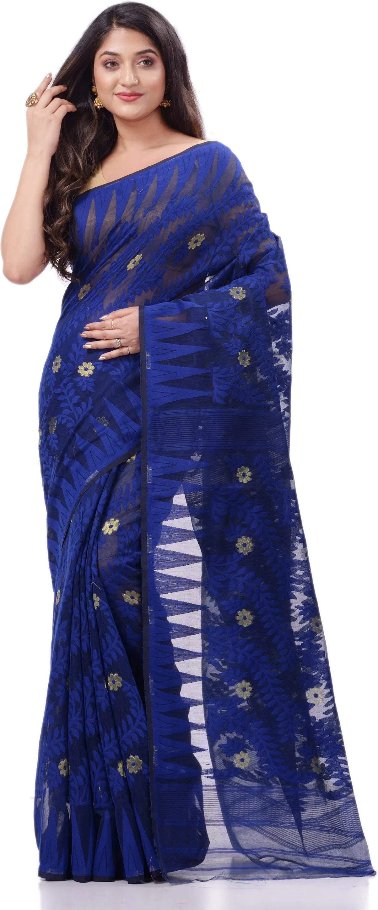 Desh Bidesh Woven Handloom Cotton Silk Saree (Dark Blue)