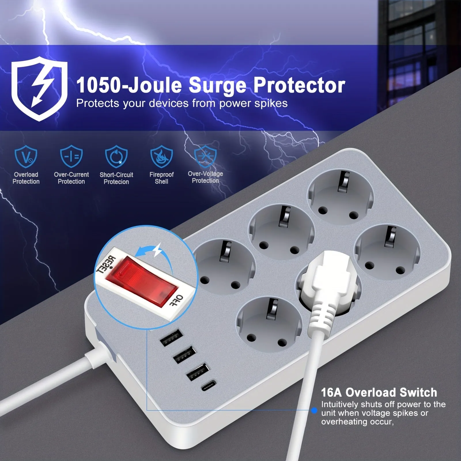 EU Power Strip with USB Ports and Surge Protection