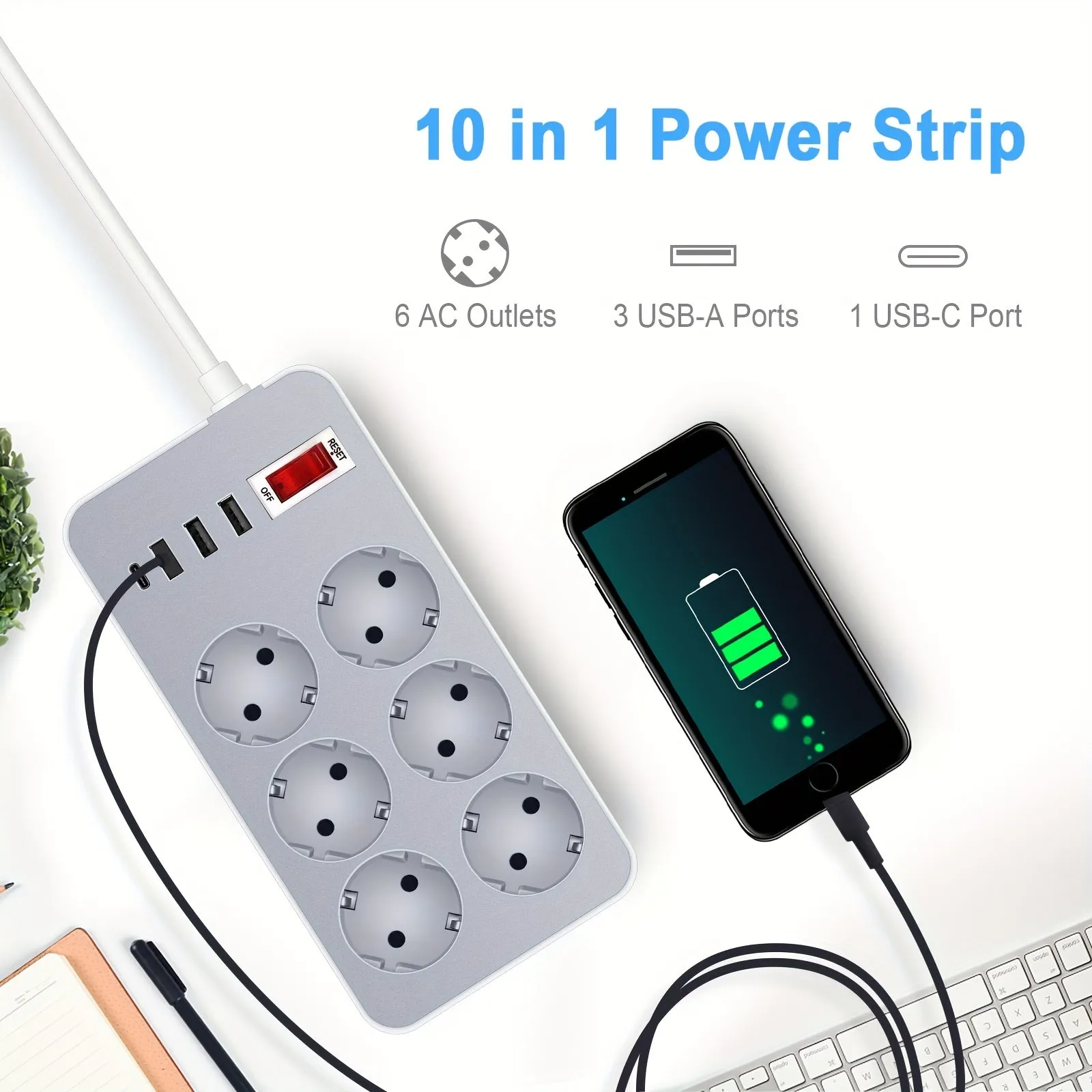 EU Power Strip with USB Ports and Surge Protection