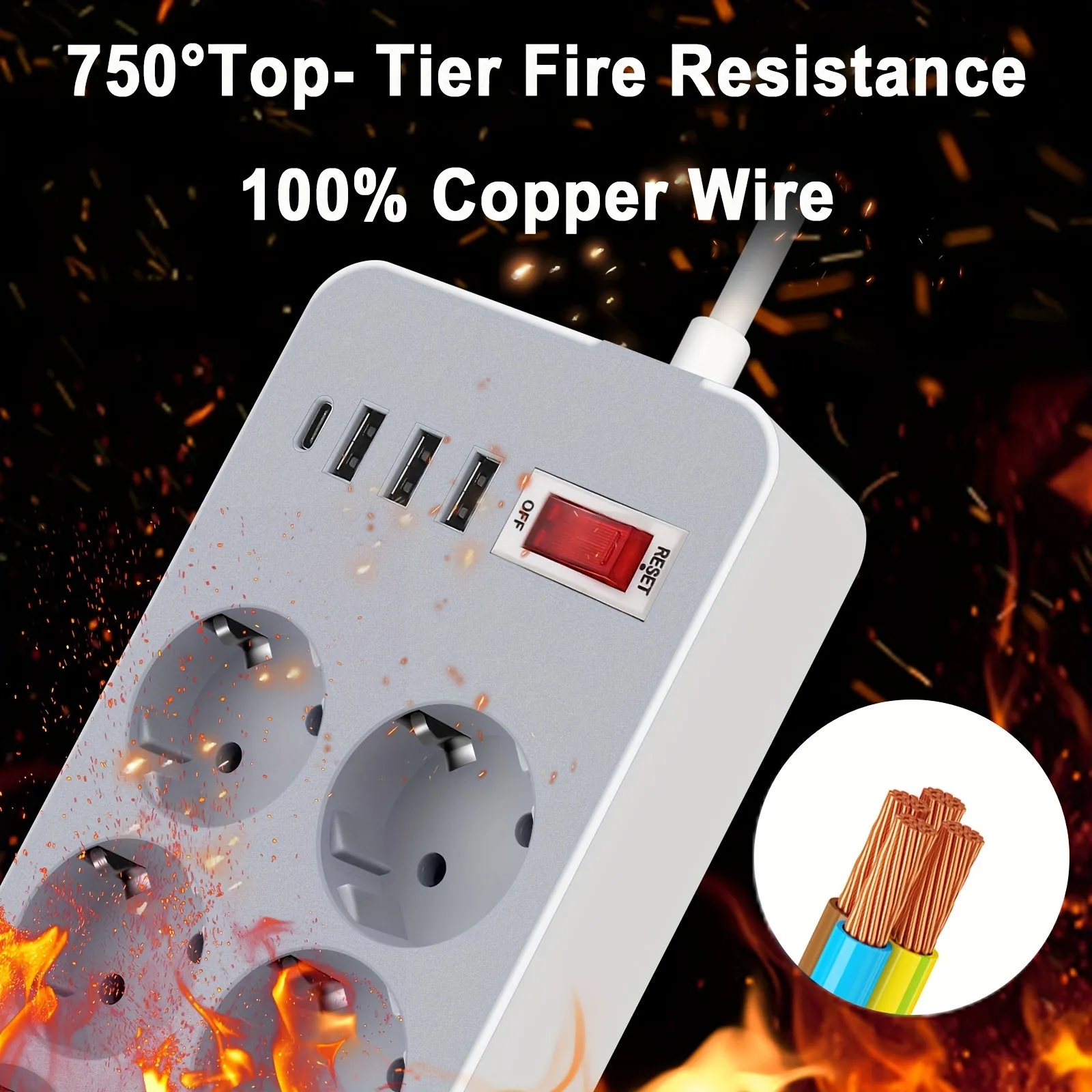 EU Power Strip with USB Ports and Surge Protection