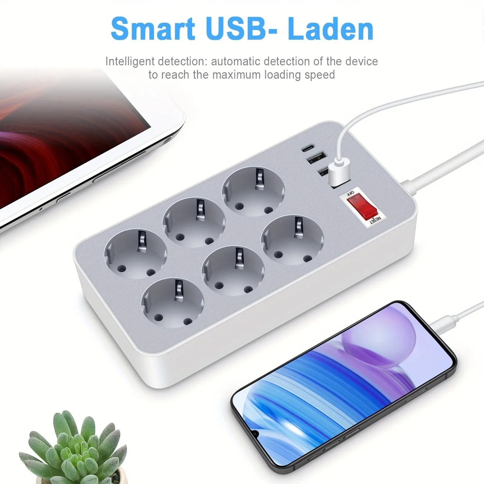 EU Power Strip with USB Ports and Surge Protection