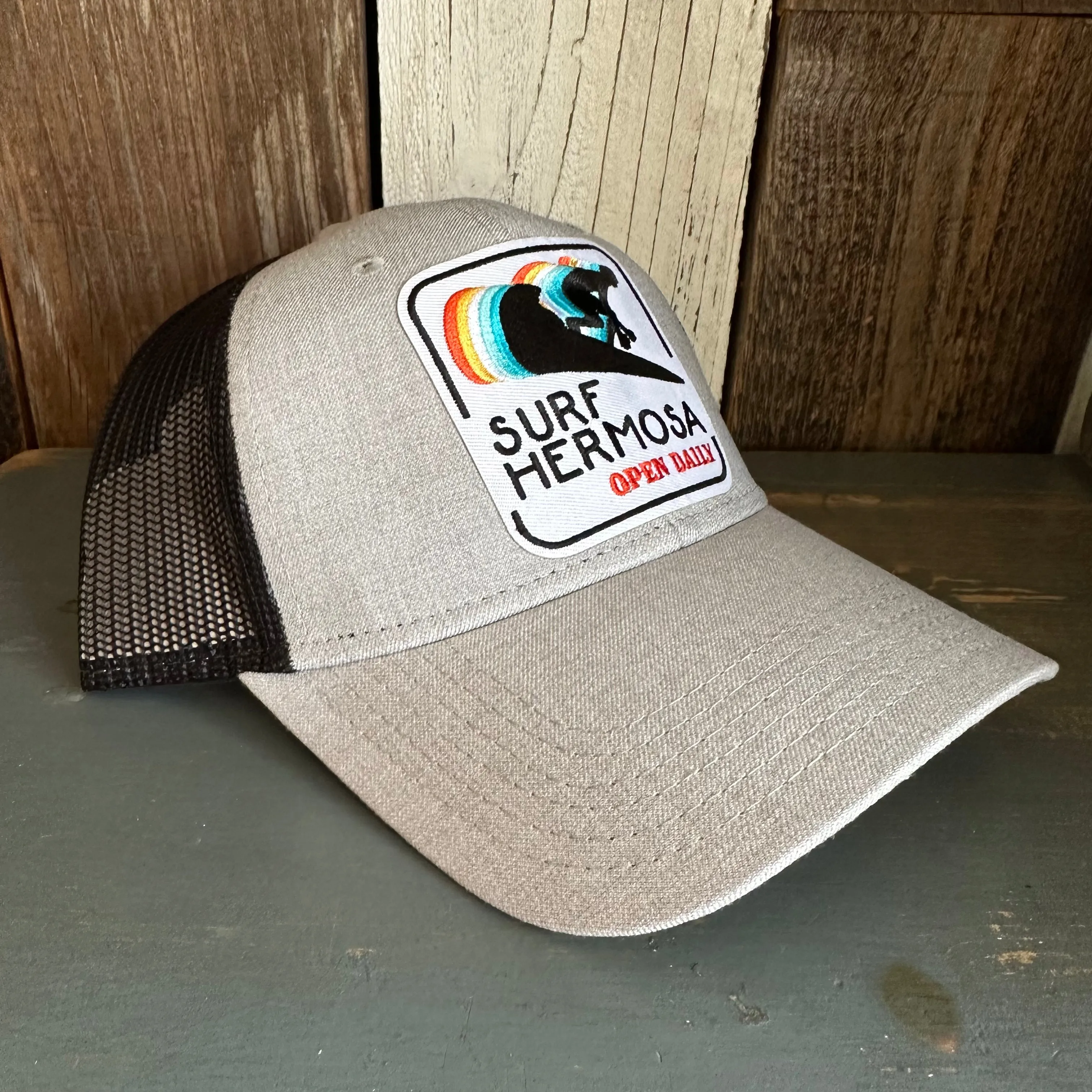 Hermosa Beach SURF HERMOSA :: OPEN DAILY 6 Panel Low Profile Mesh Back Trucker Hat -Black/ Heather Gray