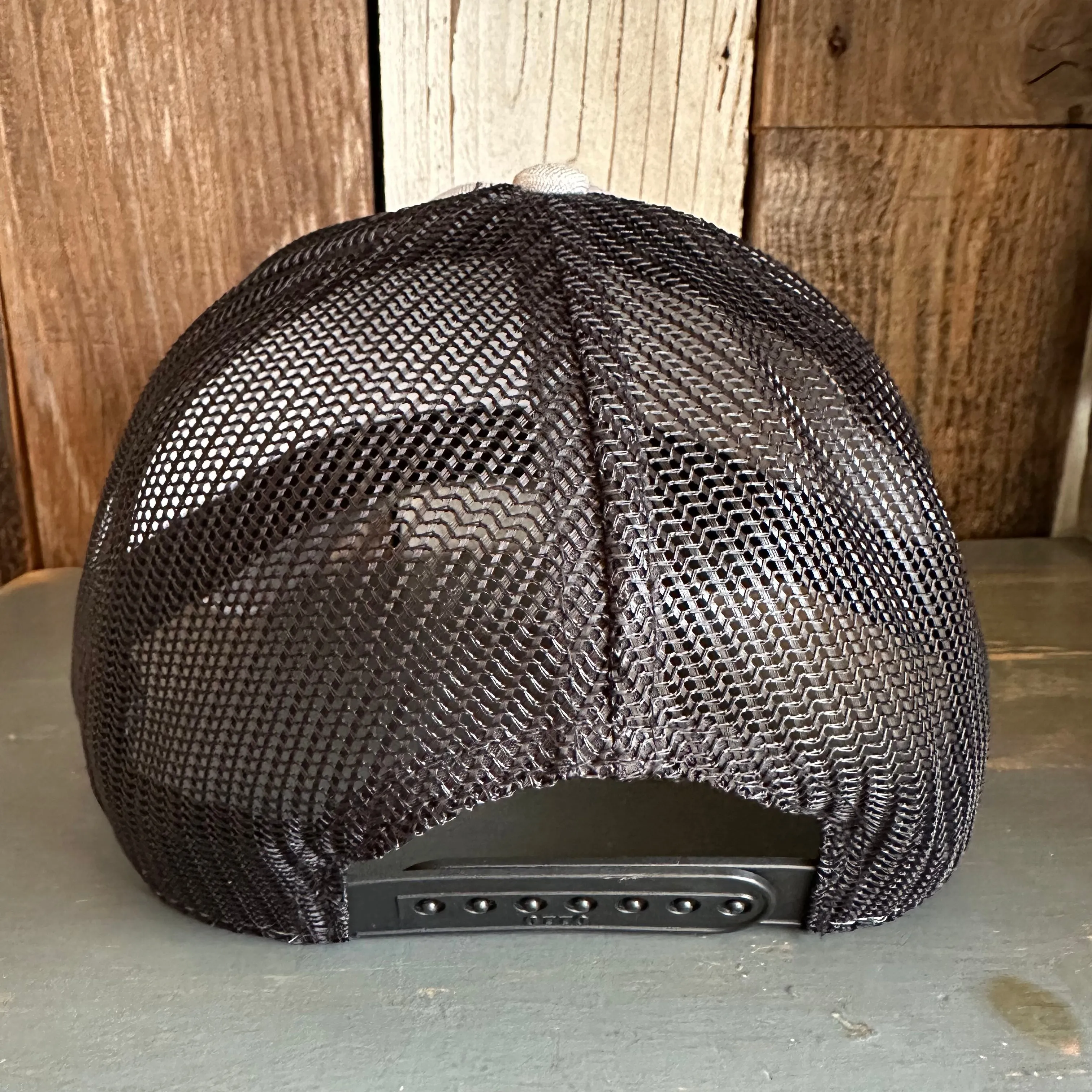 Hermosa Beach SURF HERMOSA :: OPEN DAILY 6 Panel Low Profile Mesh Back Trucker Hat -Black/ Heather Gray