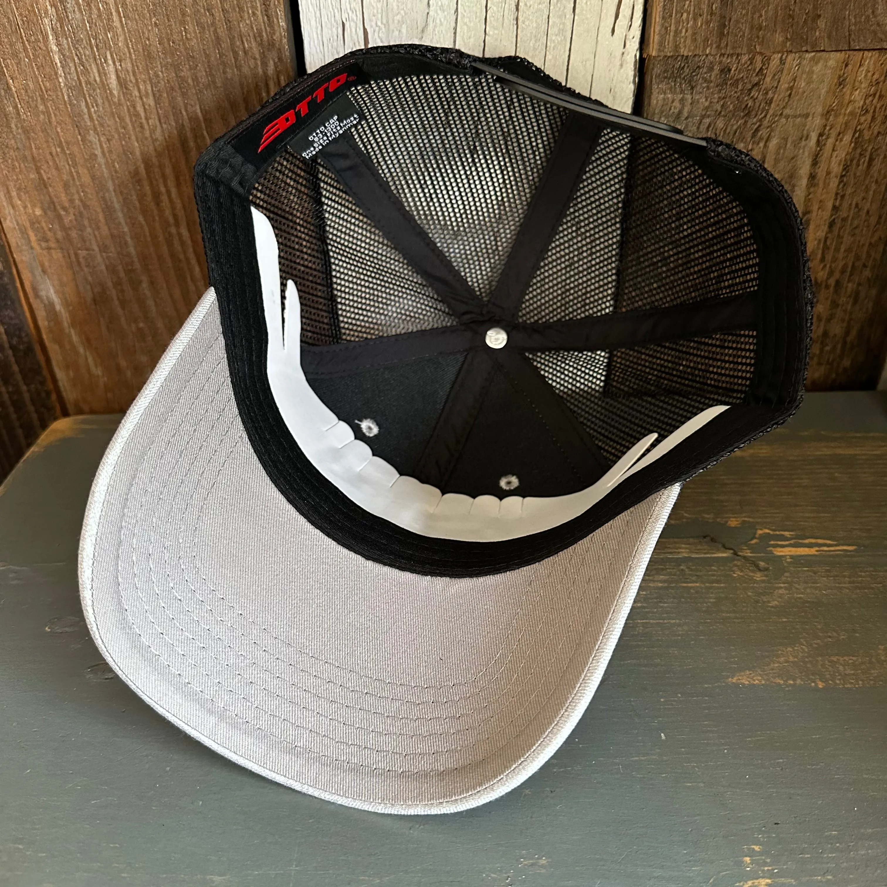 Hermosa Beach SURF HERMOSA :: OPEN DAILY 6 Panel Low Profile Mesh Back Trucker Hat -Black/ Heather Gray