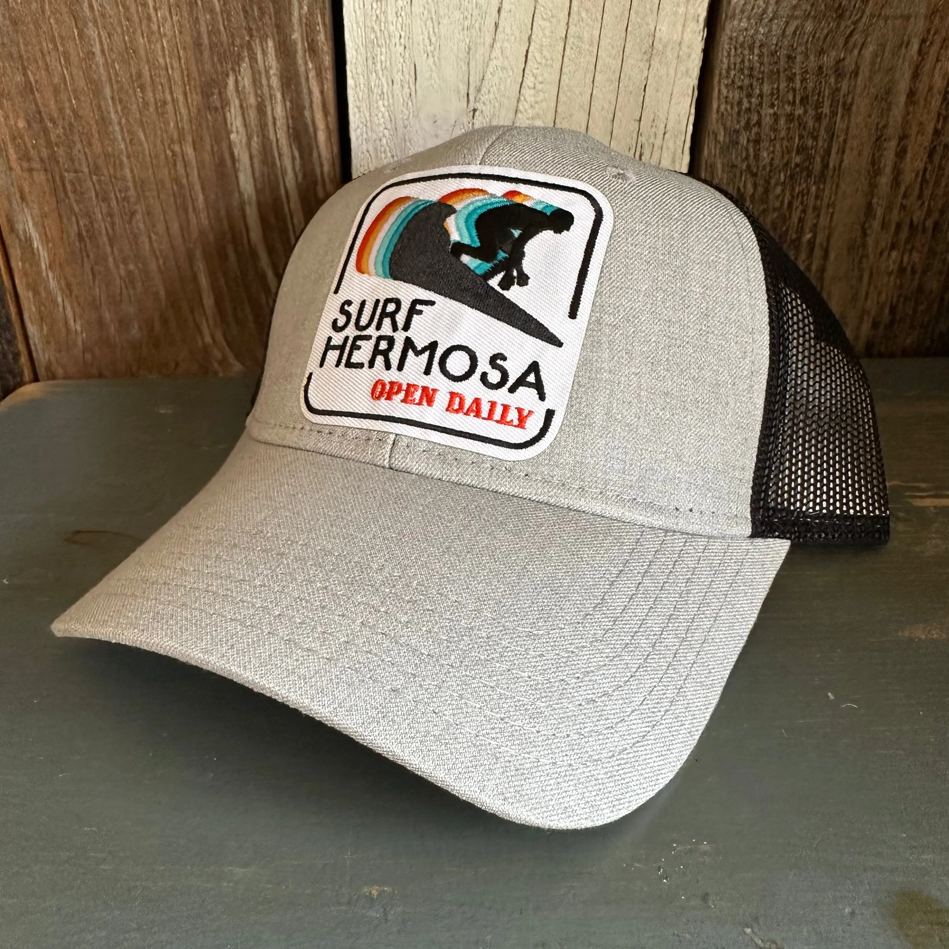 Hermosa Beach SURF HERMOSA :: OPEN DAILY 6 Panel Low Profile Mesh Back Trucker Hat -Black/ Heather Gray