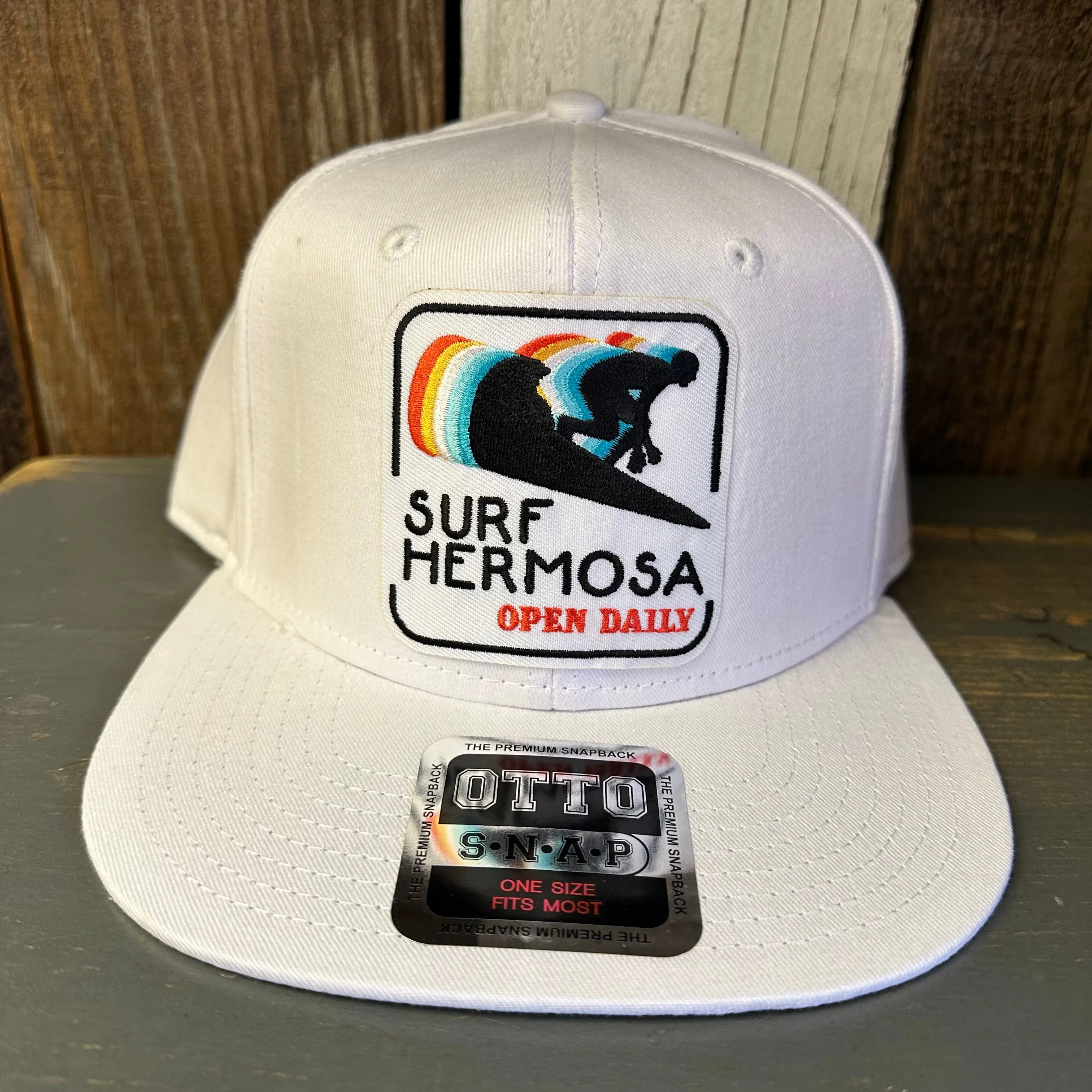 Hermosa Beach SURF HERMOSA :: OPEN DAILY 6 Panel Mid Profile Snapback Hat - White
