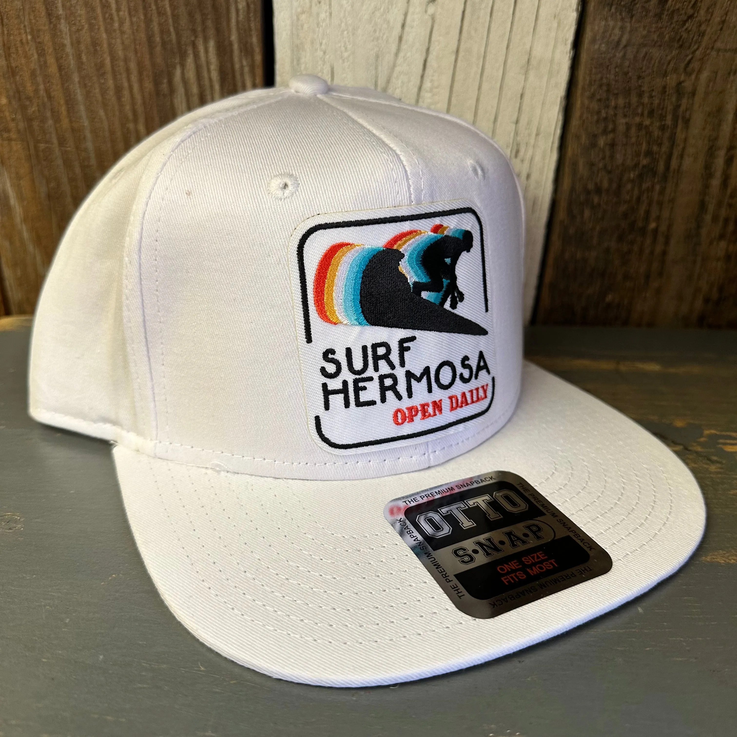 Hermosa Beach SURF HERMOSA :: OPEN DAILY 6 Panel Mid Profile Snapback Hat - White