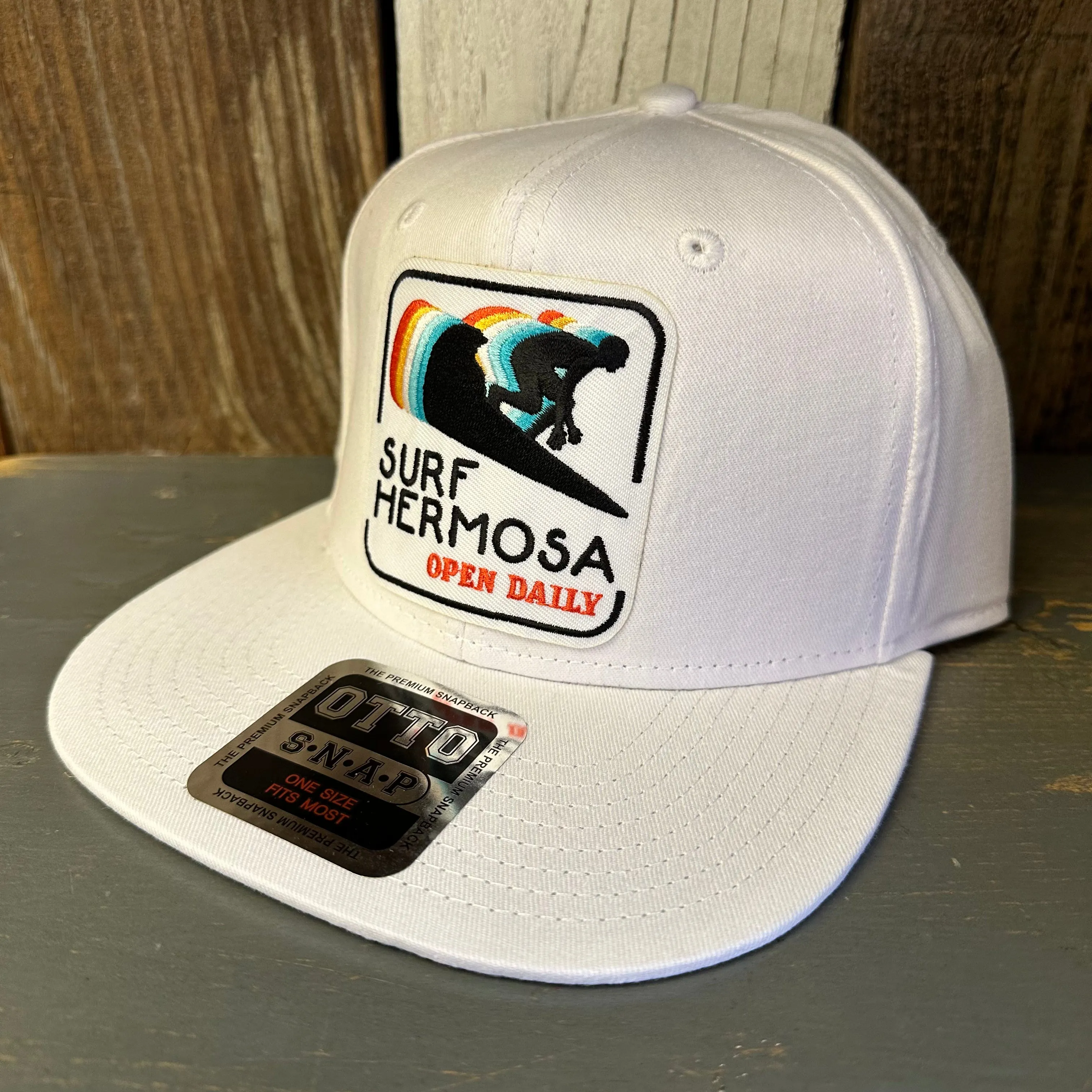 Hermosa Beach SURF HERMOSA :: OPEN DAILY 6 Panel Mid Profile Snapback Hat - White