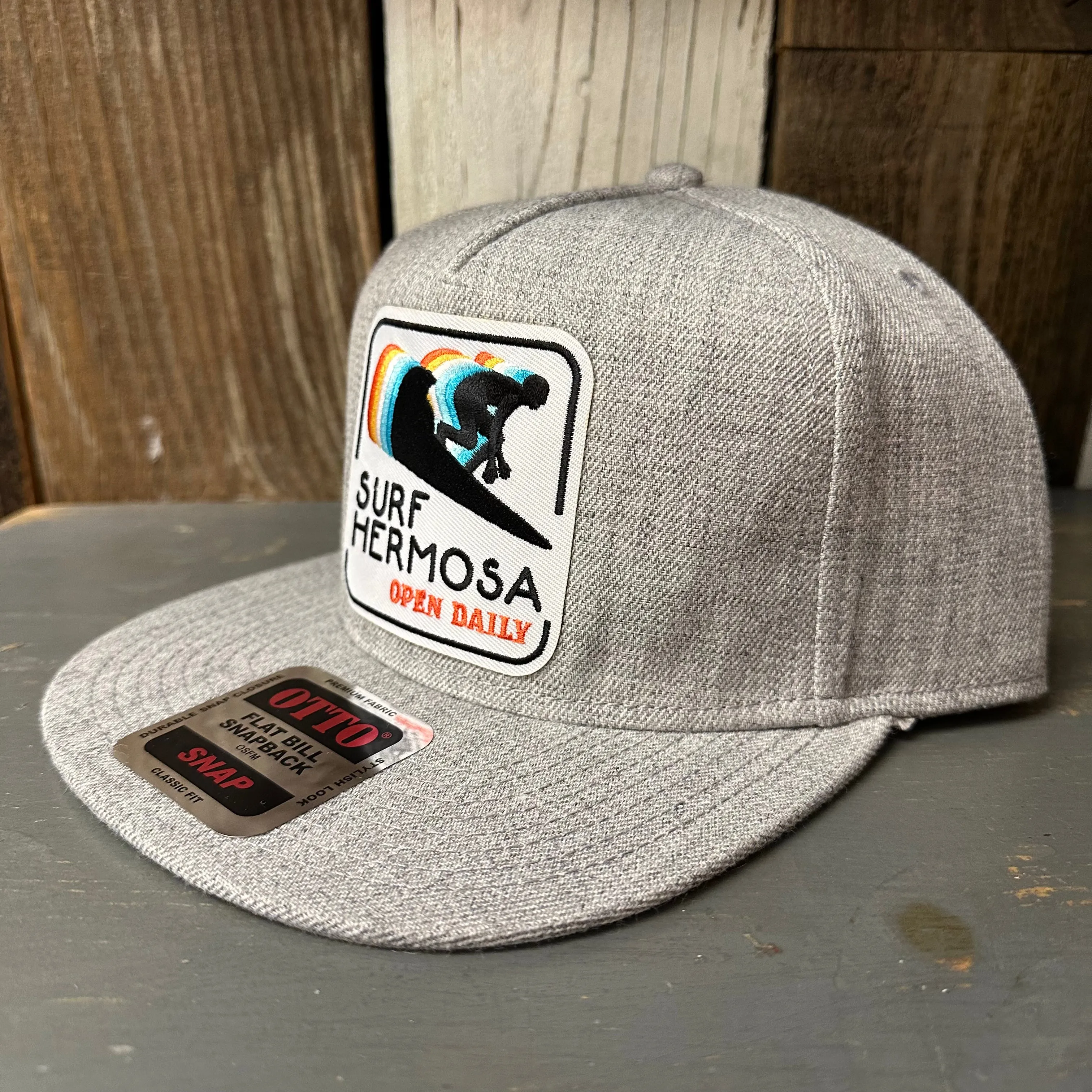 Hermosa Beach SURF HERMOSA :: OPEN DAILY Premium 5-Panel Mid Profile Snapback Hat - Grey