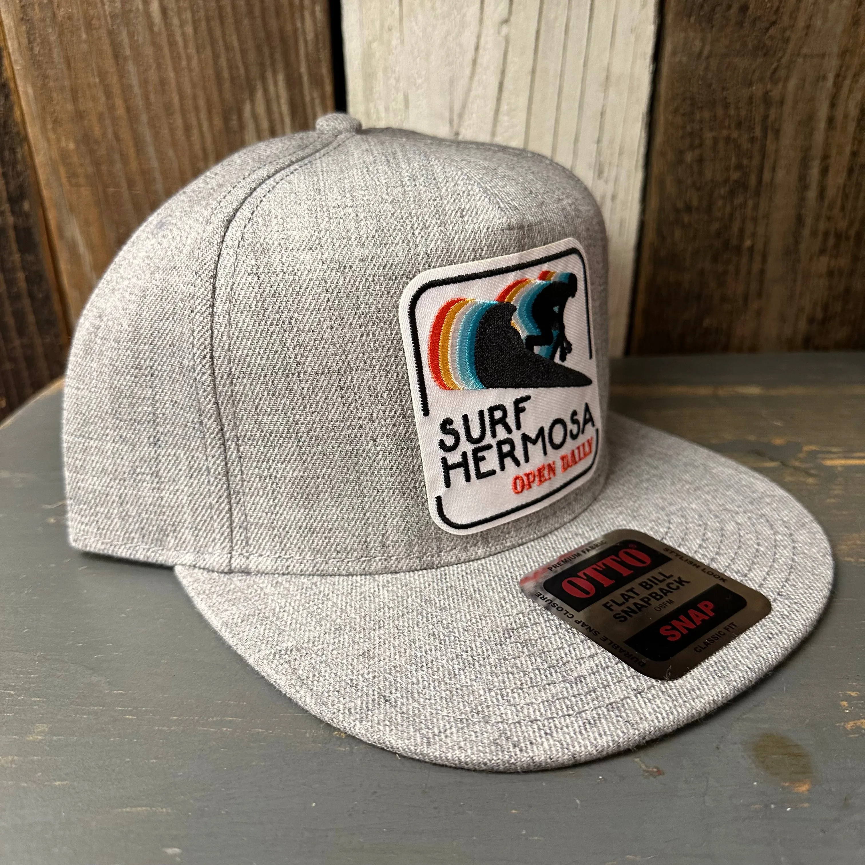 Hermosa Beach SURF HERMOSA :: OPEN DAILY Premium 5-Panel Mid Profile Snapback Hat - Grey