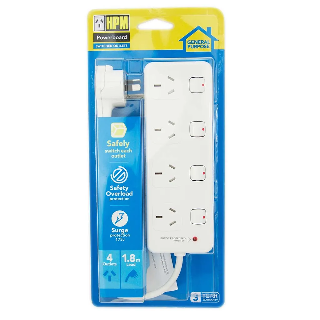 HPM 1.8m 4 Switched Outlets Powerboard With Safety Overload Protection D104PAWE