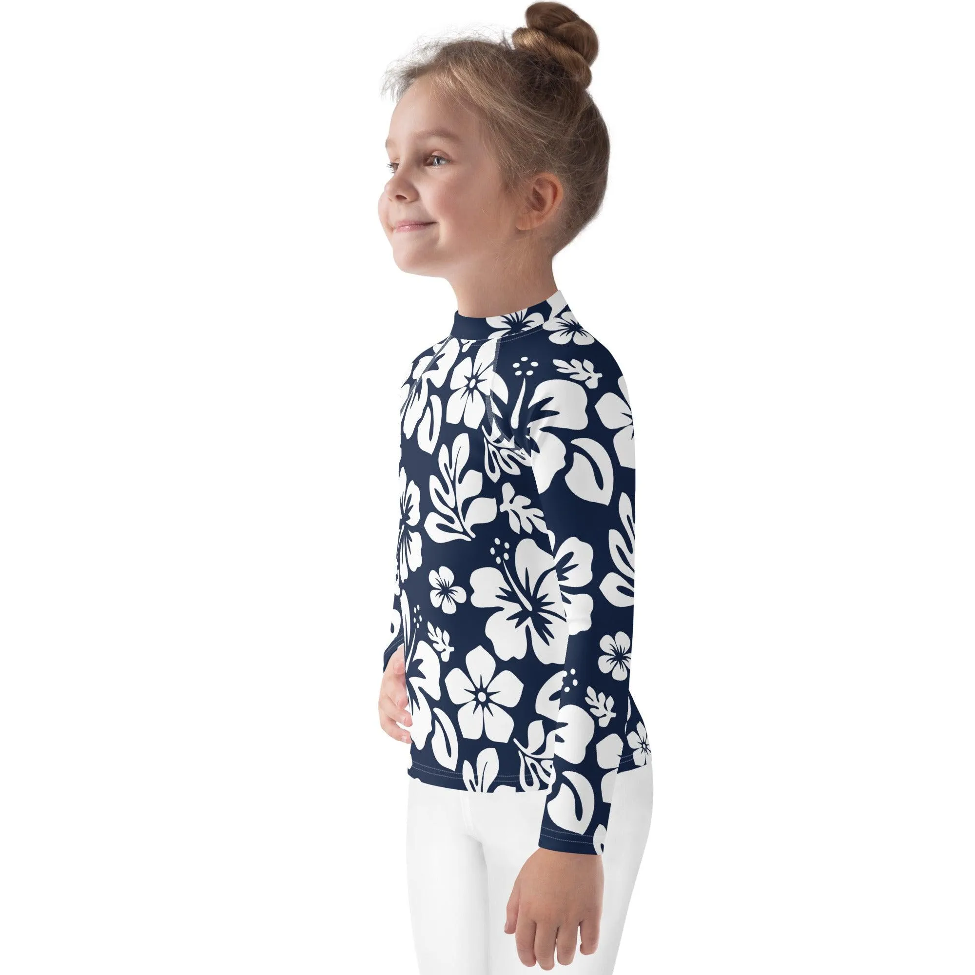 Kids Navy Blue and White Hawaiian Flowers Rash Guard