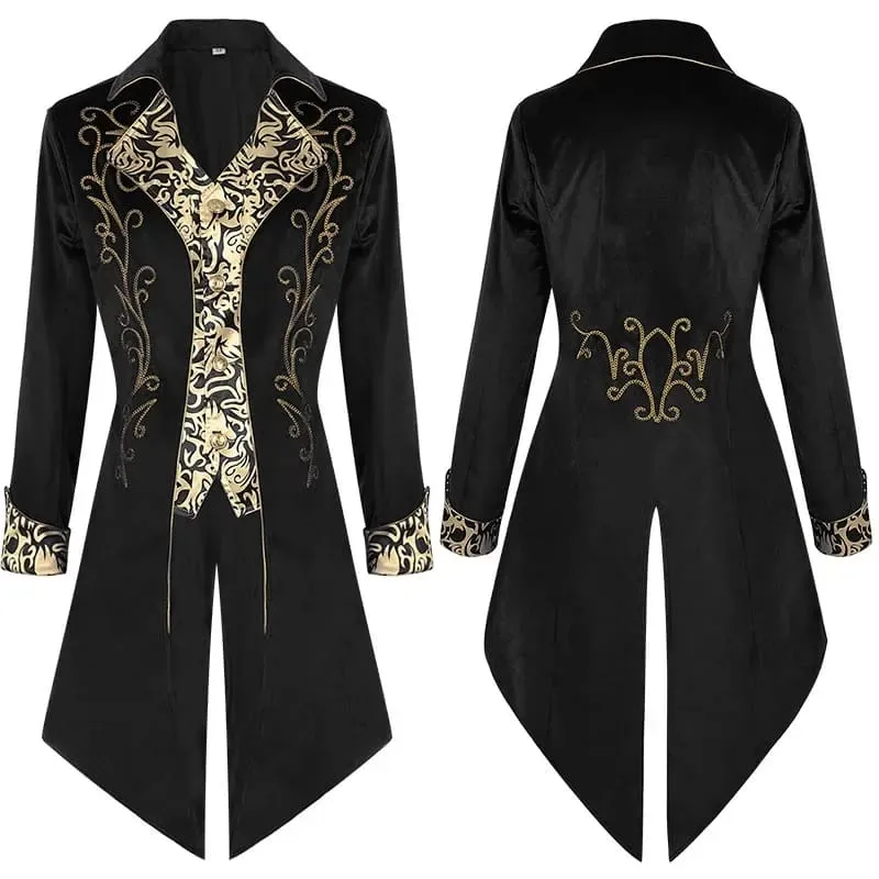 Ornate Steampunk Retro Tail Jacket with Gold Embroidery