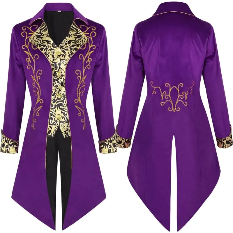 Ornate Steampunk Retro Tail Jacket with Gold Embroidery