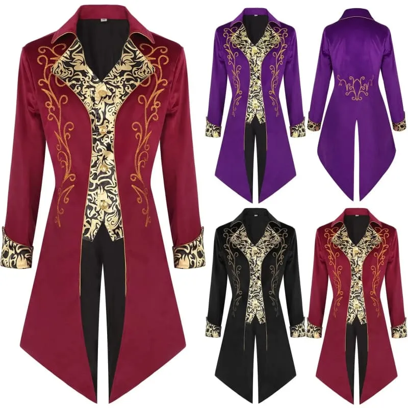 Ornate Steampunk Retro Tail Jacket with Gold Embroidery