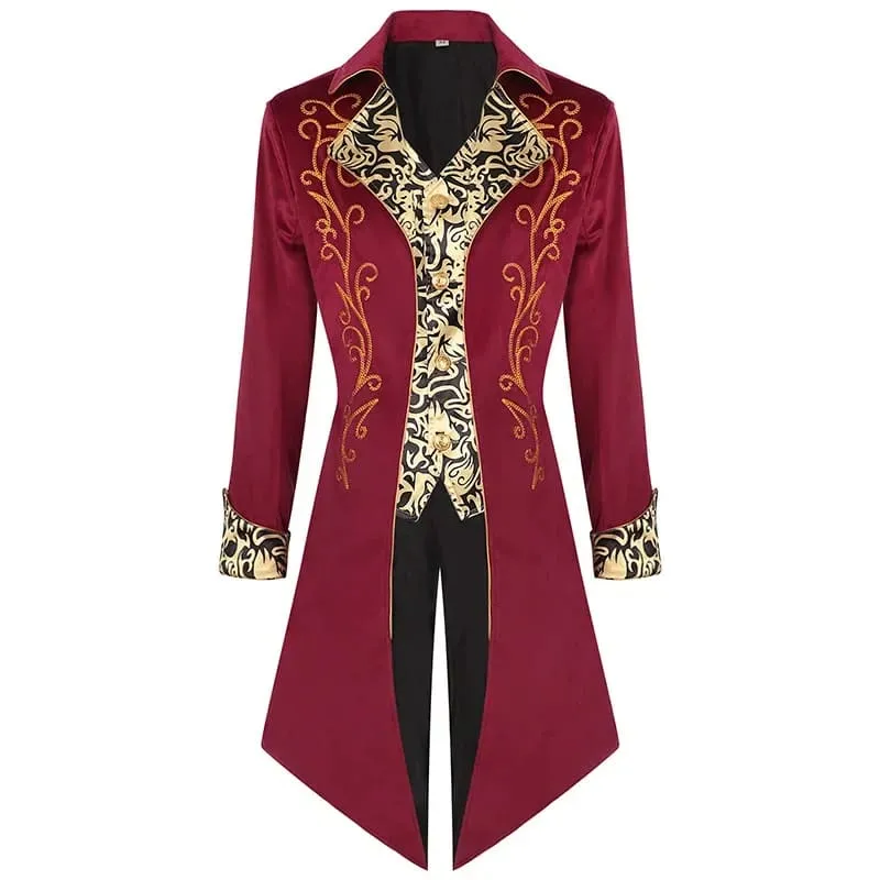 Ornate Steampunk Retro Tail Jacket with Gold Embroidery