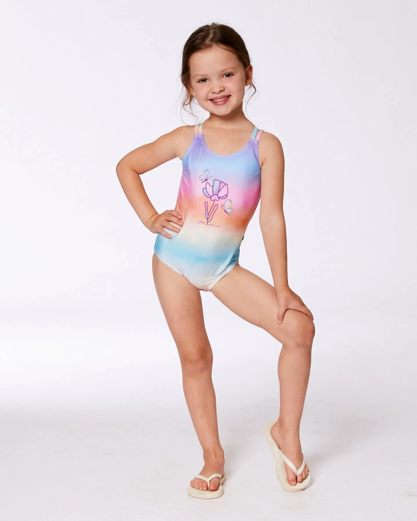 Printed One-Piece Swimsuit Flowers On Multicolored Background