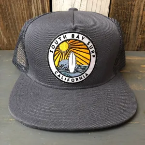 SOUTH BAY SURF (Multi Patch) Premium 5-Panel Mid Profile Mesh Trucker Hat - Grey