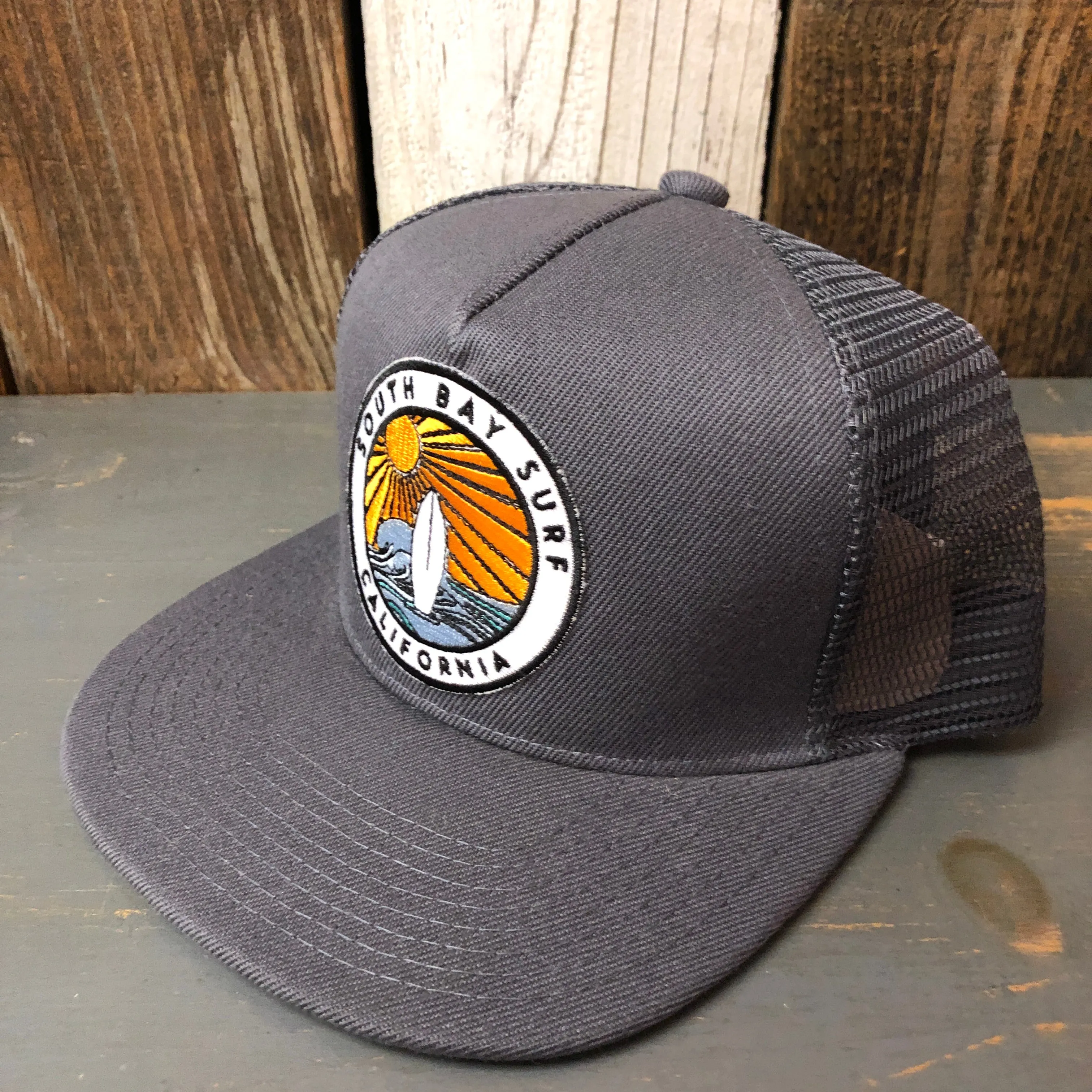 SOUTH BAY SURF (Multi Patch) Premium 5-Panel Mid Profile Mesh Trucker Hat - Grey