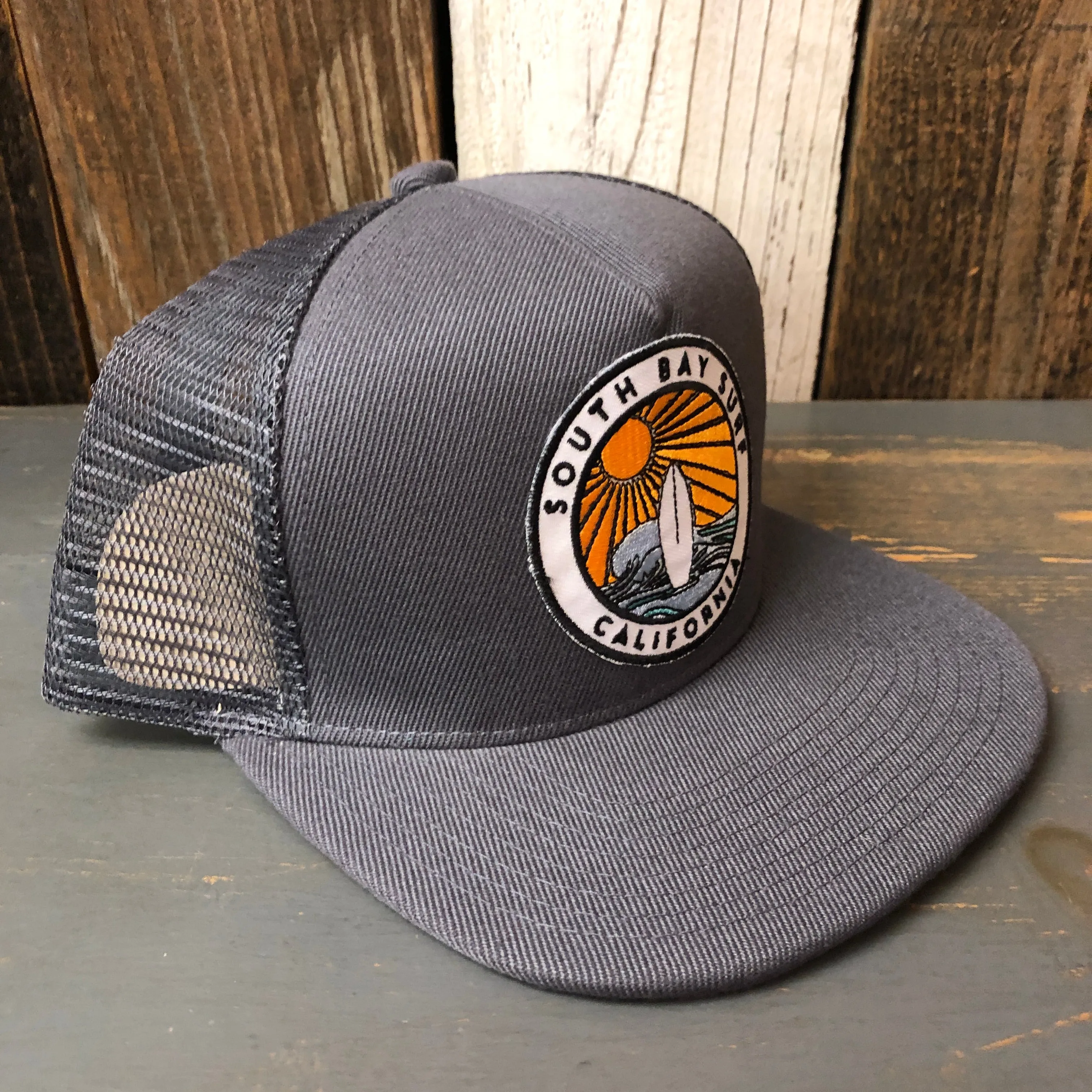 SOUTH BAY SURF (Multi Patch) Premium 5-Panel Mid Profile Mesh Trucker Hat - Grey