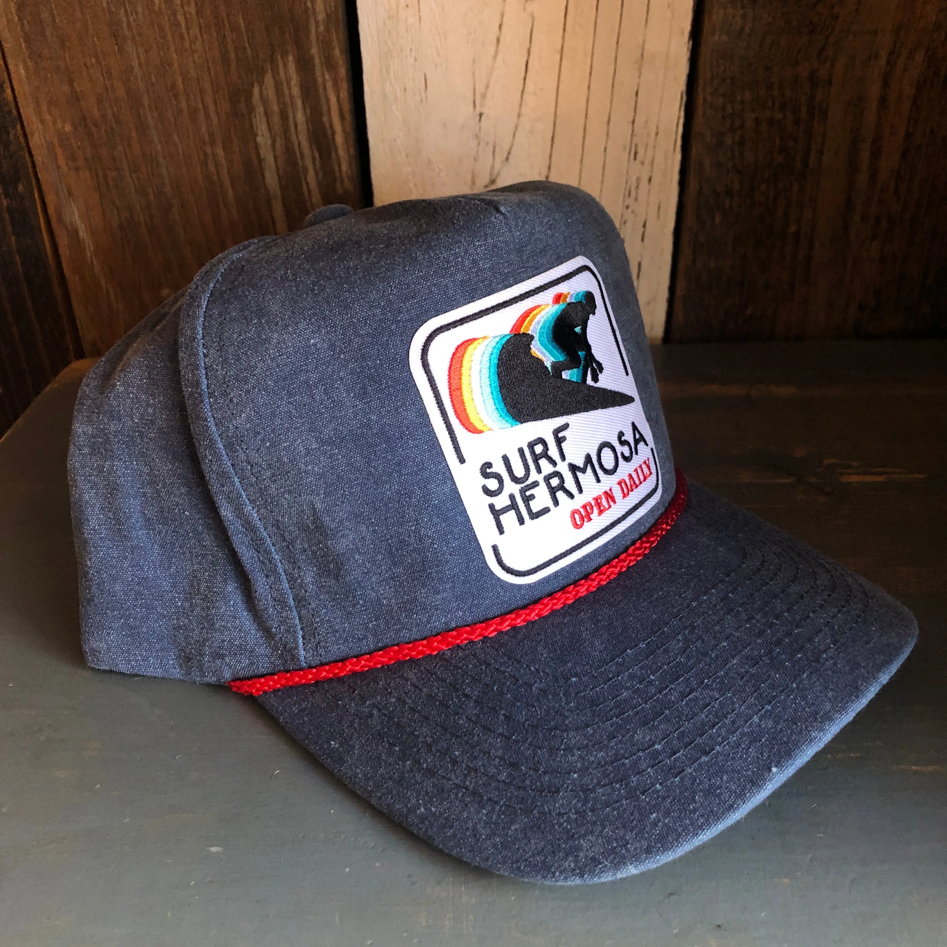 SURF HERMOSA :: OPEN DAILY 5 panel Stone Washed Canvas 2-Tone - Indigo/Red Braid
