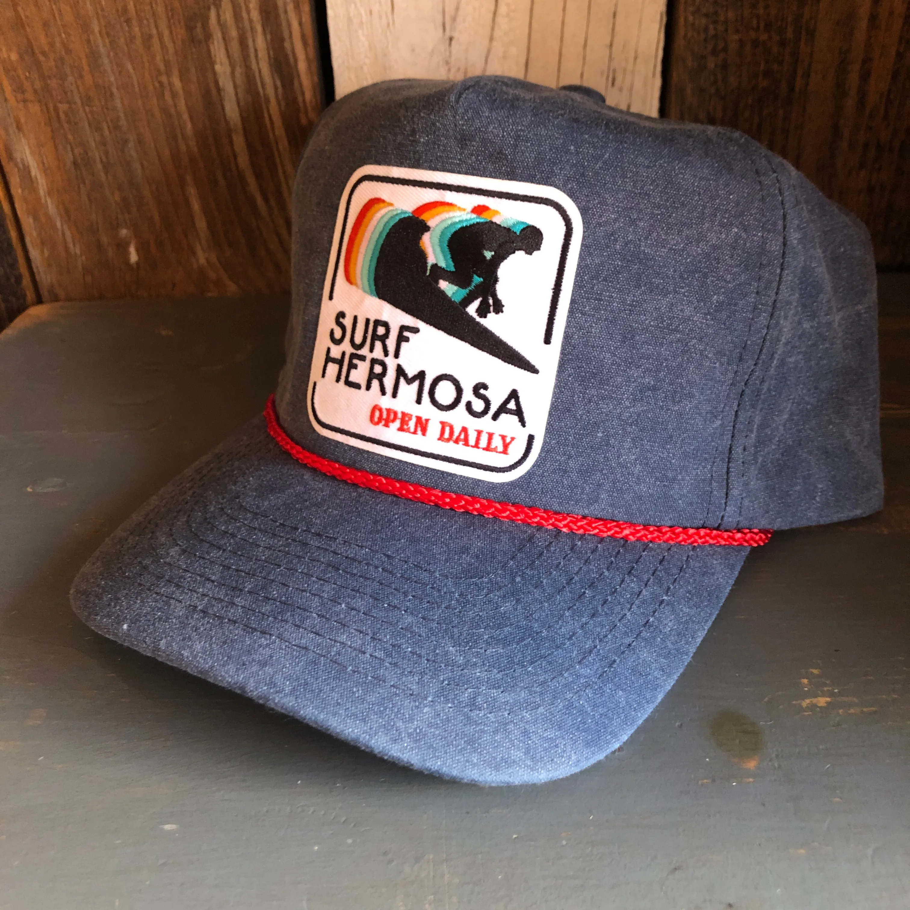 SURF HERMOSA :: OPEN DAILY 5 panel Stone Washed Canvas 2-Tone - Indigo/Red Braid