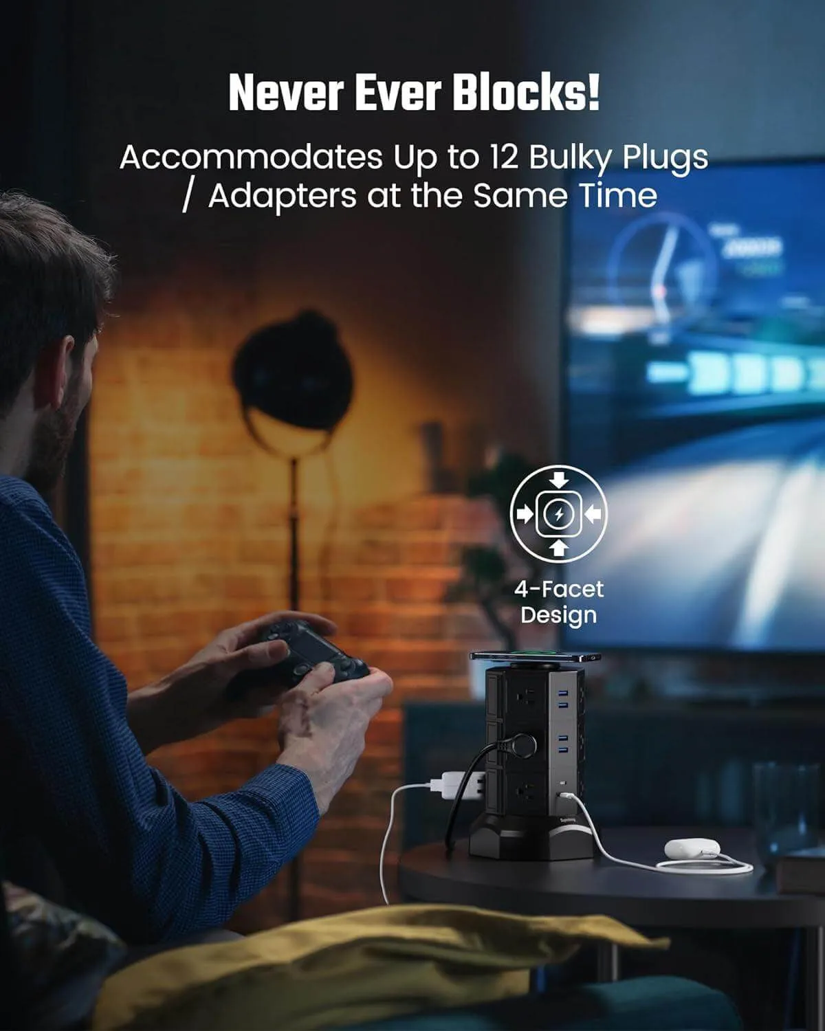 Tower Power Strip with 15W Wireless Charger