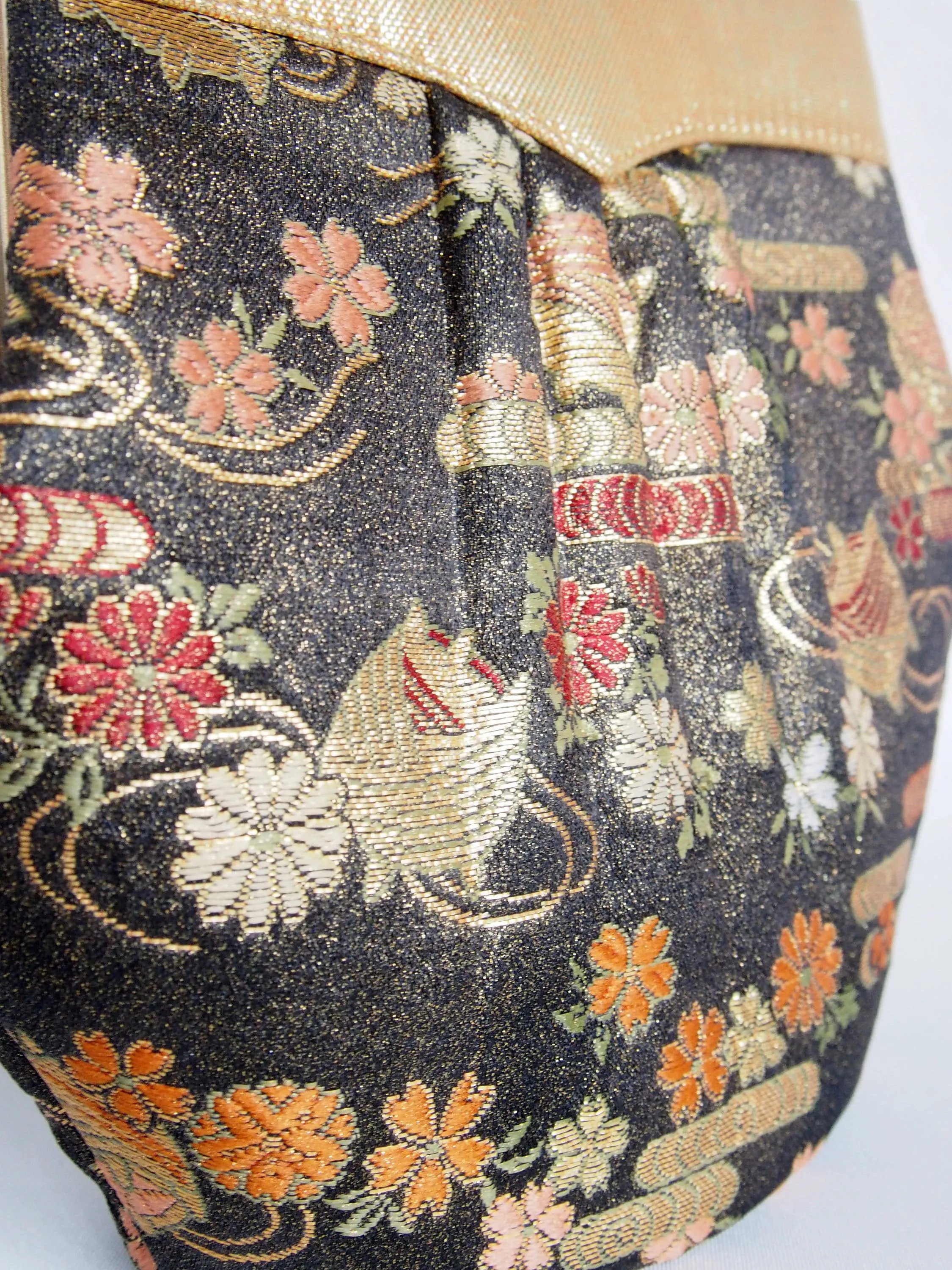 Vintage kimono bag - black and gold with flowers and thread spools