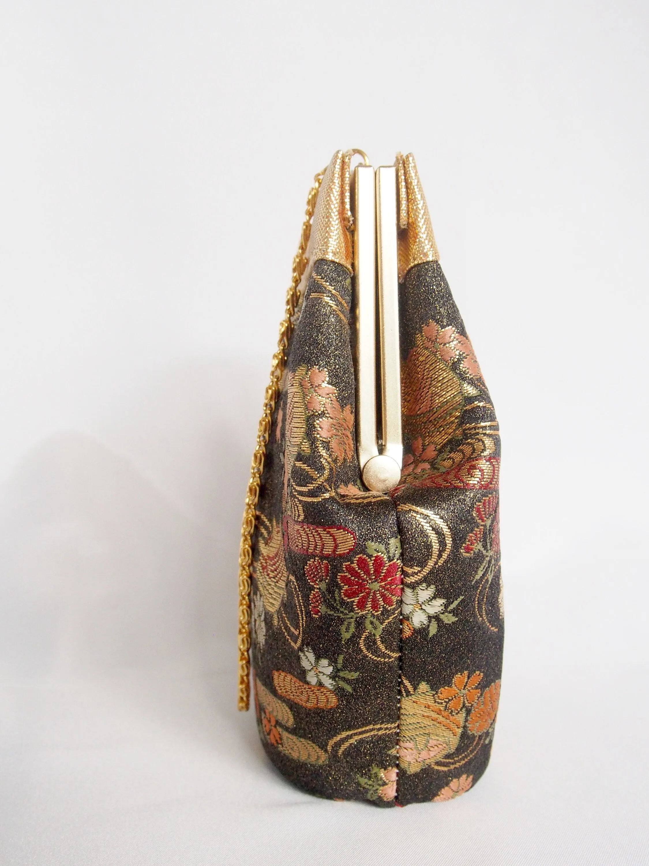 Vintage kimono bag - black and gold with flowers and thread spools