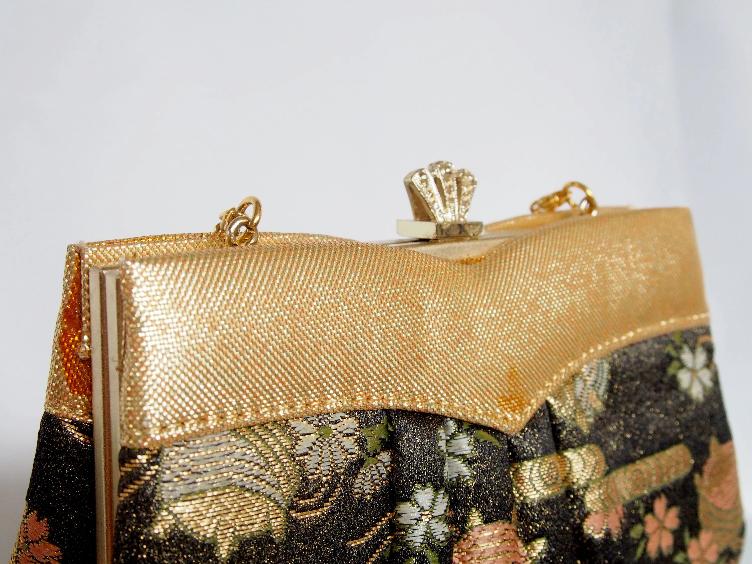 Vintage kimono bag - black and gold with flowers and thread spools