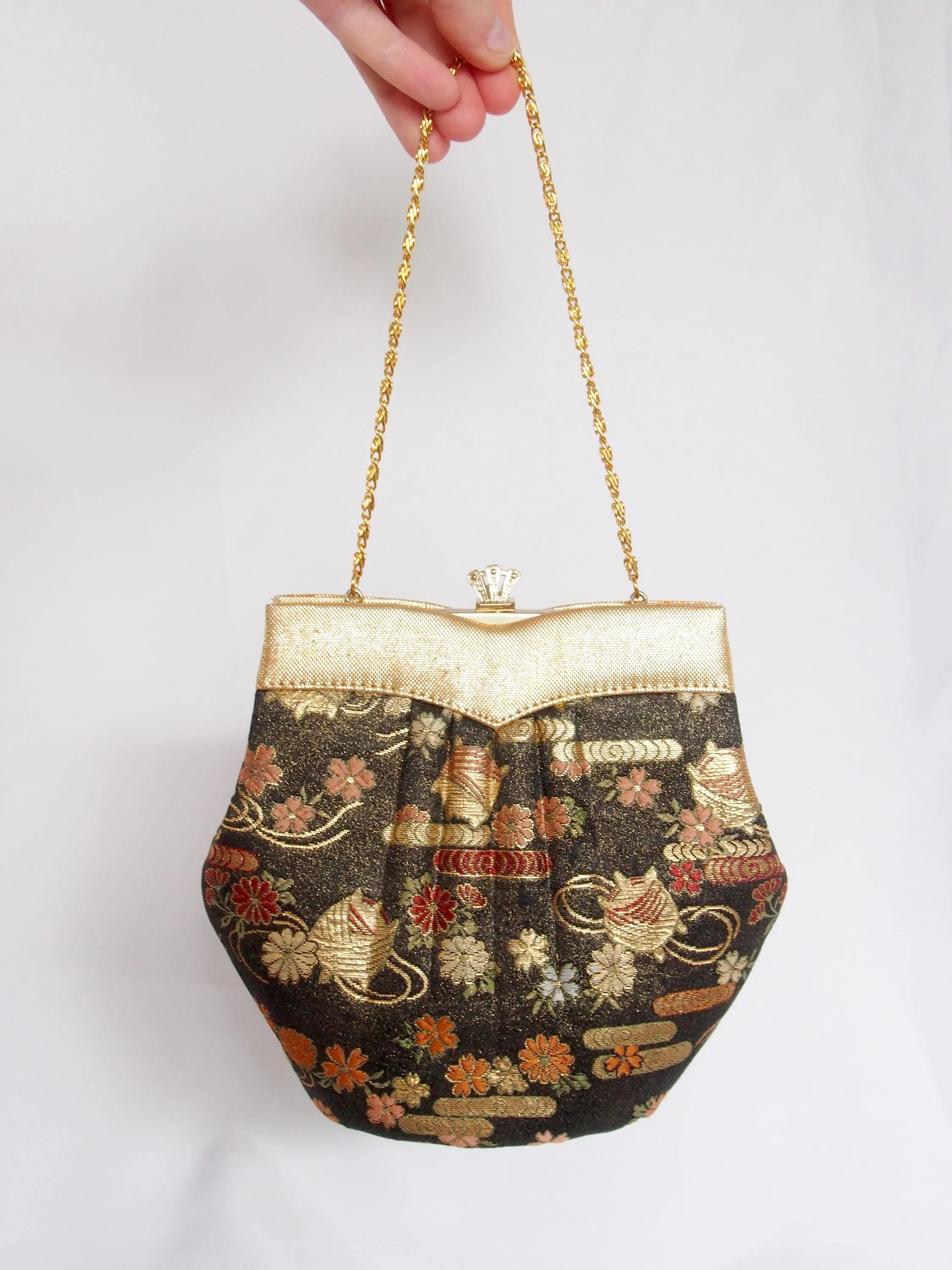Vintage kimono bag - black and gold with flowers and thread spools