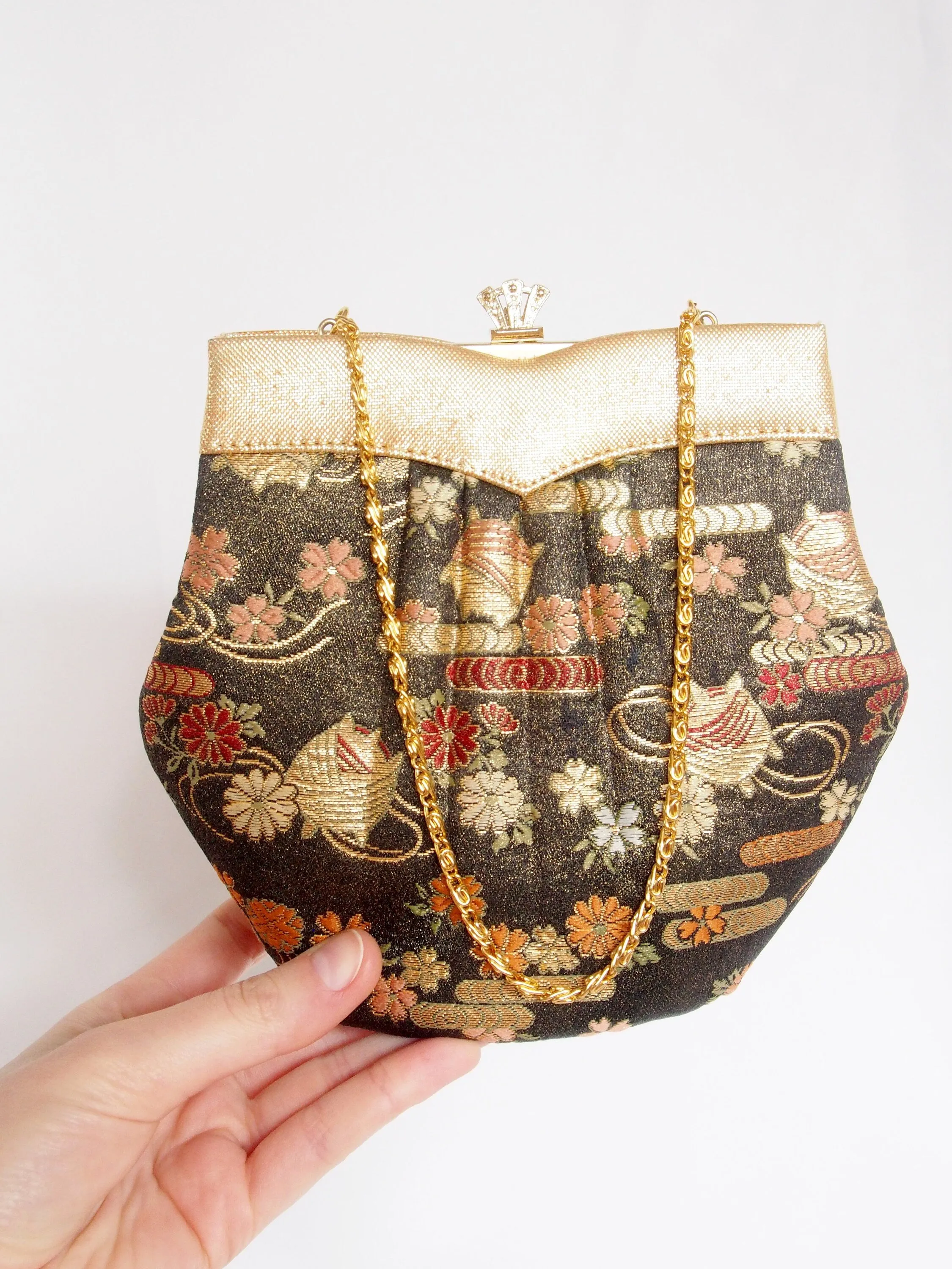 Vintage kimono bag - black and gold with flowers and thread spools