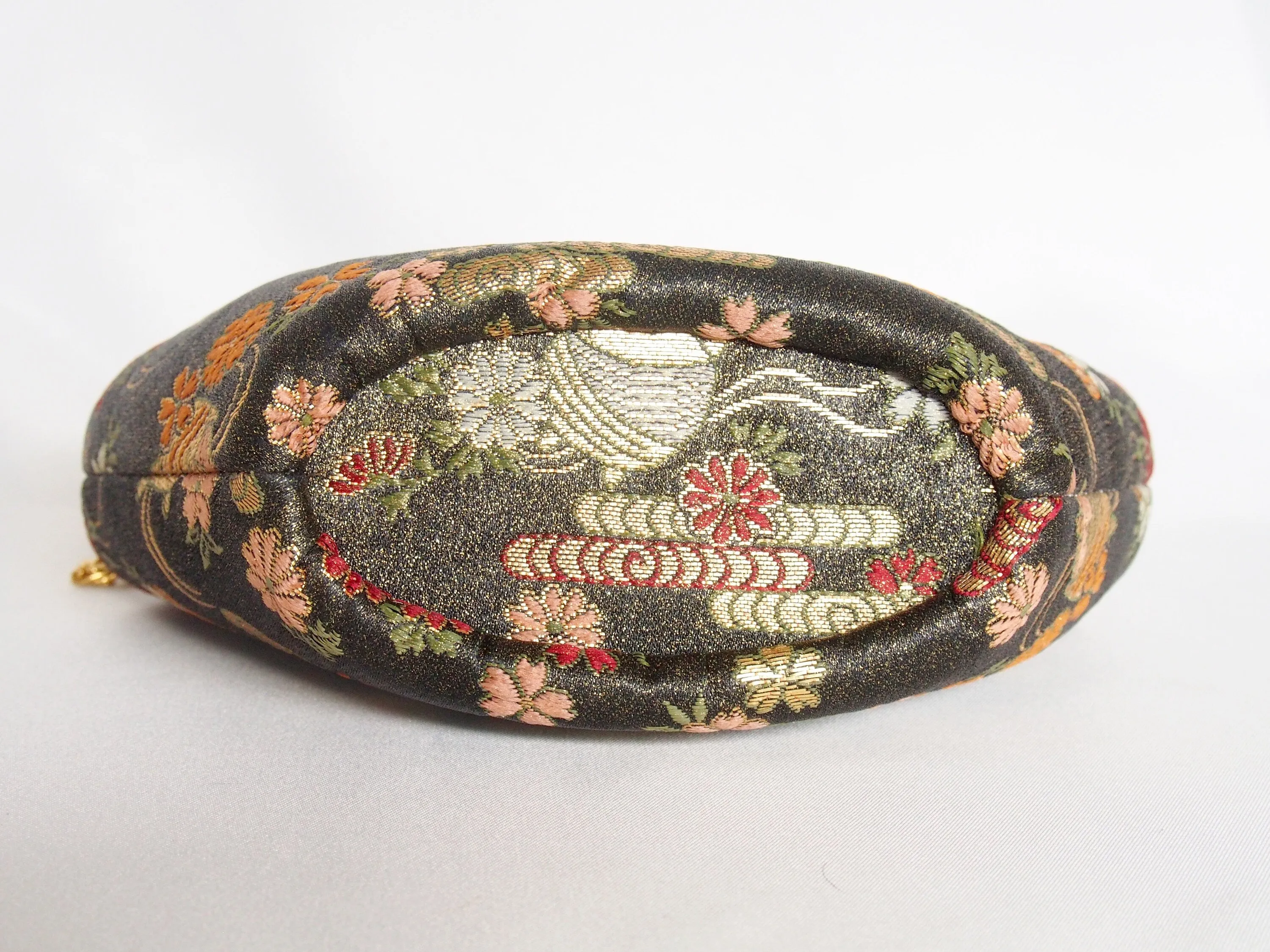 Vintage kimono bag - black and gold with flowers and thread spools