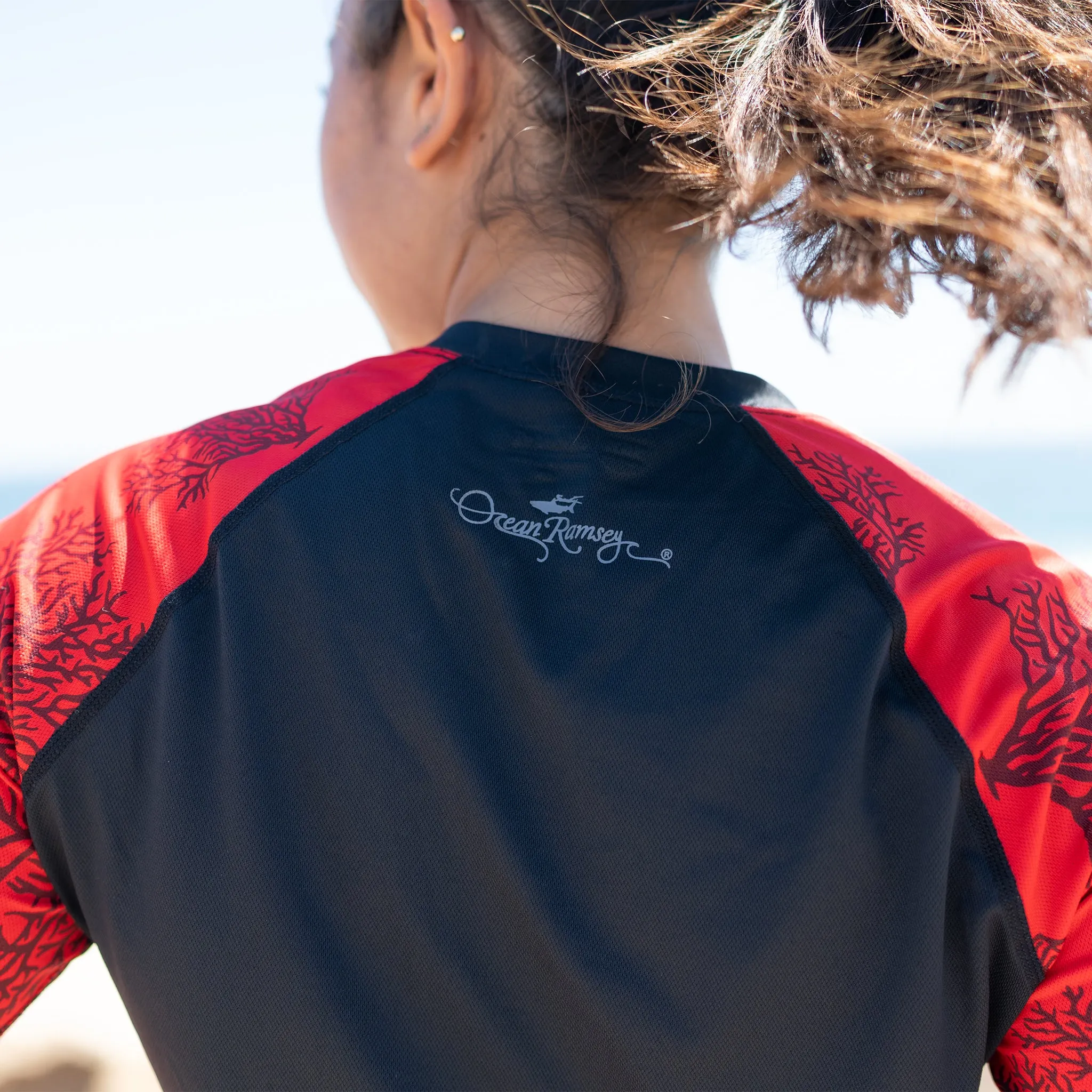 Women's Ocean Ramsey Water Inspired Long Sleeve Ventx Relaxed Fit UV Top - Black/Red Coral Print